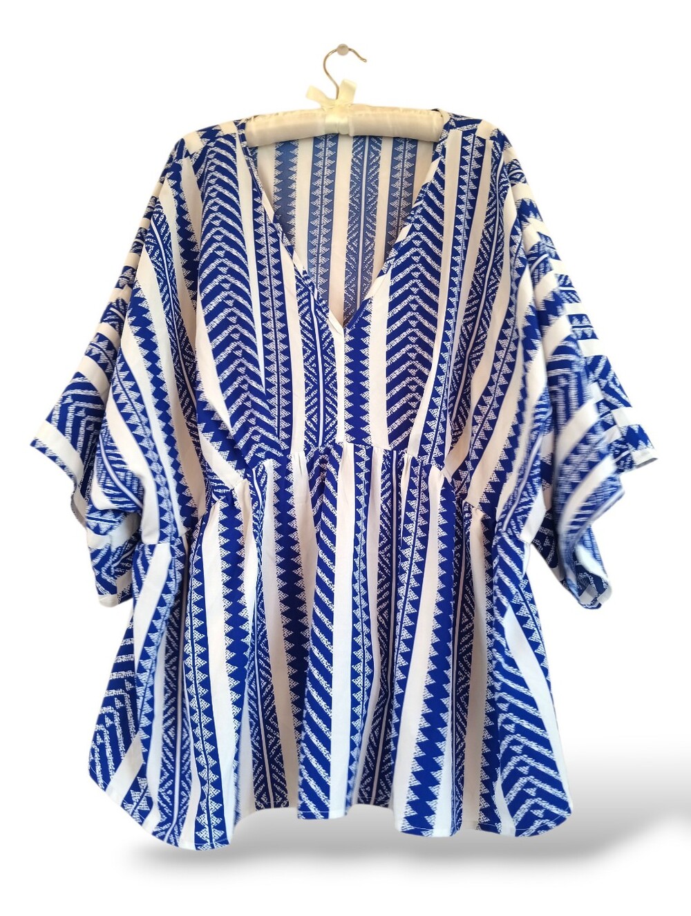 Blue & White V-Neck Dolman Blouse Tribal Stripes Flowy Boho Western Geometric 3x